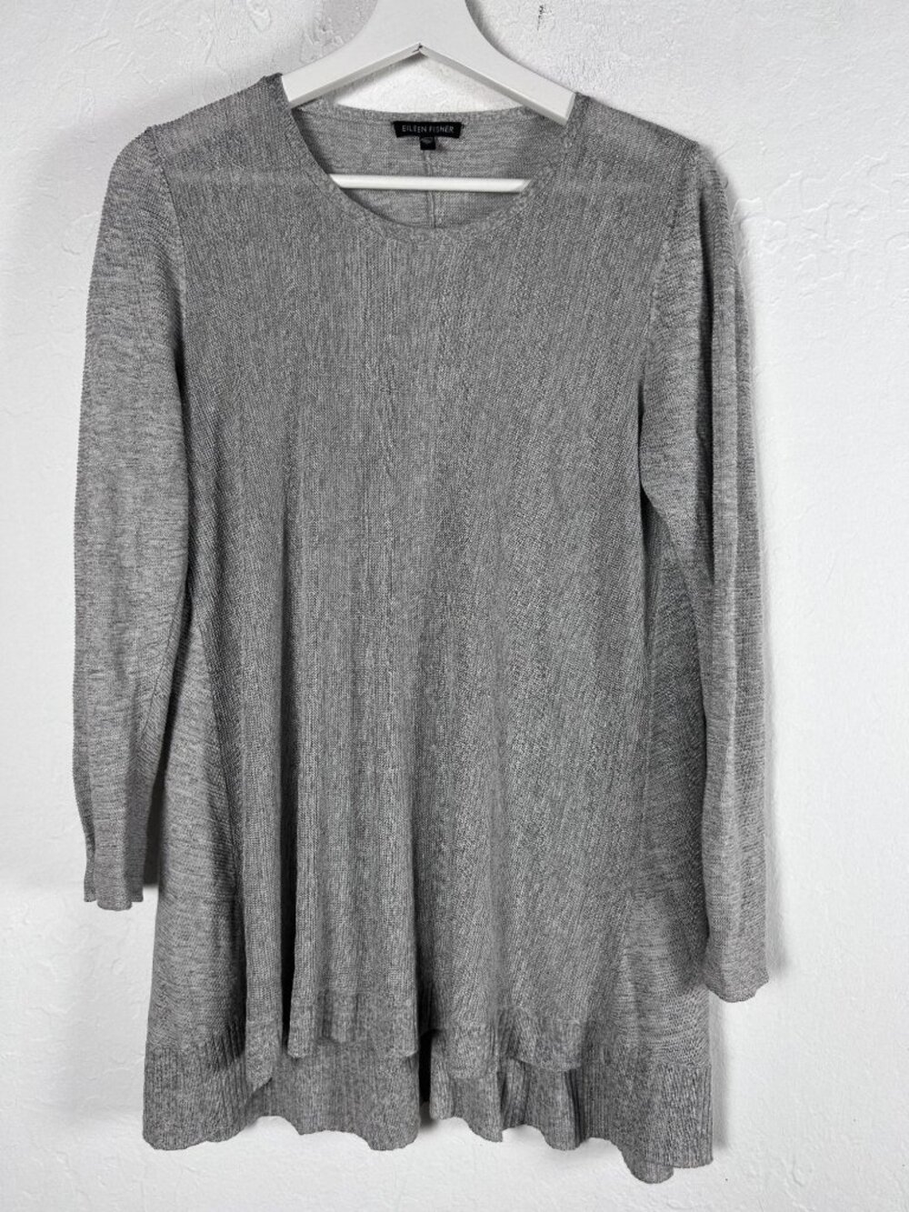 Eileen Fisher Womens Gray Linen Blend Knit Tunic Sweater Large Pullover Rib Trim